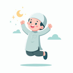 Boy in white cap jumping happily under crescent moon and stars. Suitable for celebrations, happiness, night sky, childhood concepts.
