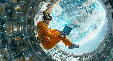 Floating woman uses laptop with Earth interface.