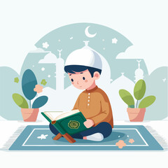 Title Young boy in a white cap reads a green book on a blue rug. Suitable for educational and readingrelated themed designs.