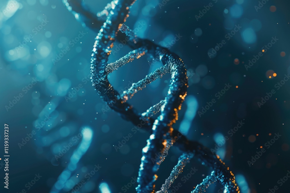 Poster 3d rendering of double helix dna molecule with sparkling effects and blue background, symbolizing ad