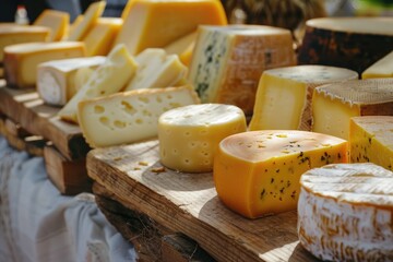 Display of many types of cheese.