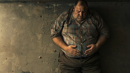 Sober man looking at his hands. He appears thoughtful and contemplative, possibly dealing with a difficult personal issue.