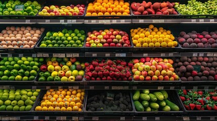 Aisle full of fruit and vegetable varieties on supermarket shelves.