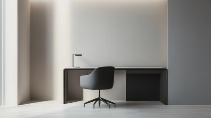 Elegant minimalist home office with minimal furnishings. Featuring a clean, open design with sleek lines
