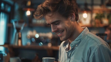Young man in blue shirt smiling at camera while serving coffee at a bar