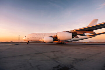 Traffic at airport at golden sunset. Large commercial airplane taking off from runway..
