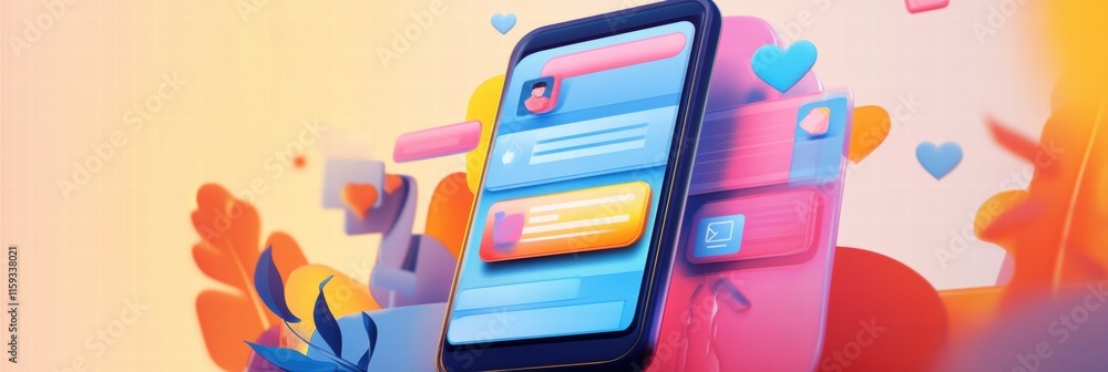 Aufkleber Engaging social media news feed displayed on a smartphone with colorful notifications and interactions. Generative AI