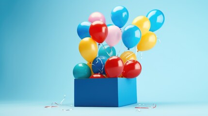 Multi-colored balloons in blue boxes with bows and streamers.