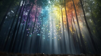 Enchanted Forest Scene with Colorful Butterflies and Sunlight Beaming Through Tall Trees, Creating a Magical Atmosphere of Nature's Beauty and Tranquility