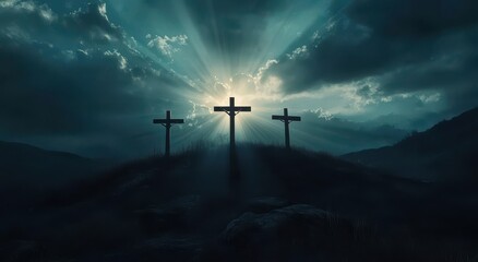 Obraz premium Dramatic Silhouette of Three Crosses Against a Dark Sky with Rays of Light Breaking Through the Clouds, Symbolizing Hope and Redemption at Dusk