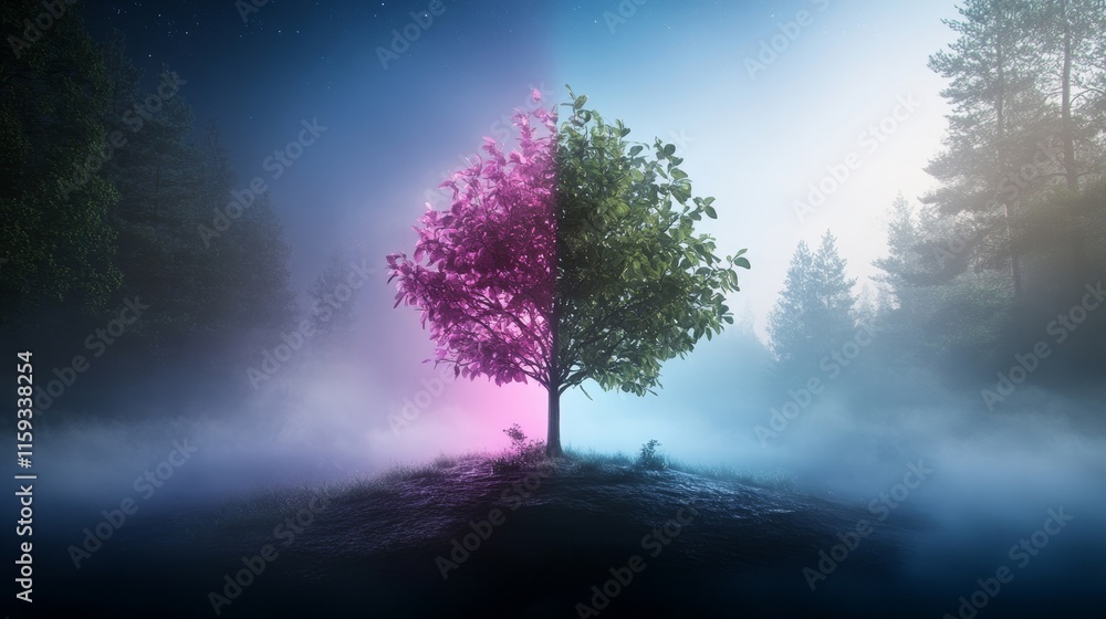 Poster a split-scene tree in a mystical landscape with one side draped in dark purple and the other in brig