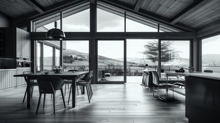 A modern open-concept living and dining room with floor to ceiling windows offering mountain views. Minimalist design with contemporary furniture and wooden beams.