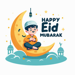 Boy on crescent moon with happy eid mubarak for Eid celebrations. Ideal for greeting cards, social media posts, and festive designs.