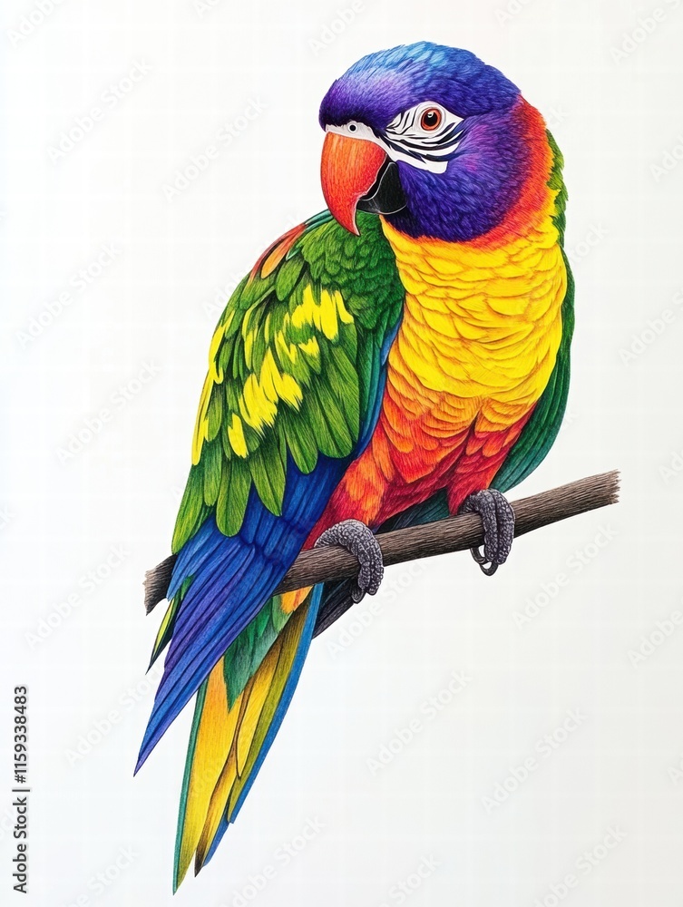 Poster vibrant parrot perched on a branch with bright feathers and ample space for text or decoration. gene
