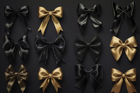 Variety of gold and black bows in different sizes, suitable for a range of fashion or festive occasions.