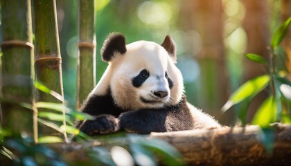 Gentle Panda Relaxing in a Bamboo Forest with Dappled Sunlight