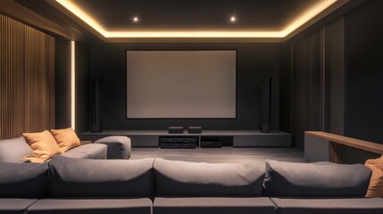 Elegant minimalist home theater with minimal furnishings. Featuring a clean, open design with sleek lines