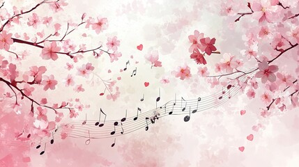 Background with cherry blossoms and musical notes. Valentine's day, Digital illustration