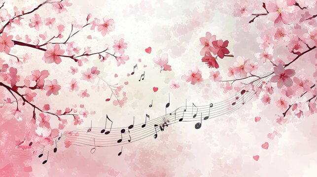 Background with cherry blossoms and musical notes. Valentine's day, Digital illustration