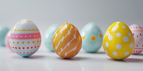 A collection of vibrant, artistically designed Easter eggs presented together in a row, symbolizing the joy and festivity of the holiday.