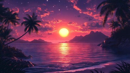 Stunning tropical beach sunset landscape featuring lush palm trees, vibrant golden sky, and serene ocean waves