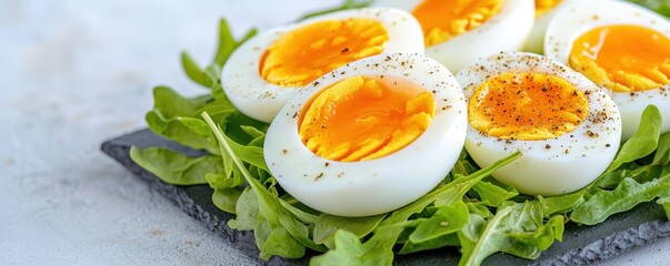Simple boiled eggs garnished on mixed greens fresh kitchen culinary delight