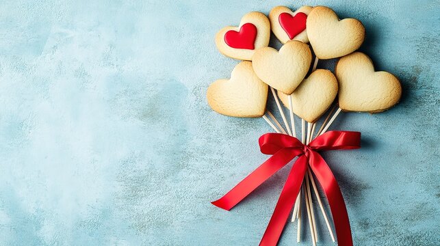 Bouquet of sugar cookies in the shape of a heart on a stick, tied with a red ribbon for Valentine's Day, Illustration