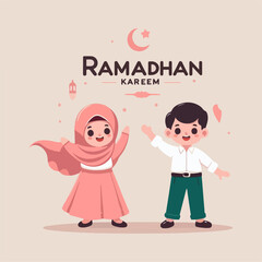 Girl and boy celebrating Ramadan Kareem, suitable for Ramadan greeting cards, social media posts, and educational materials about Ramadan.