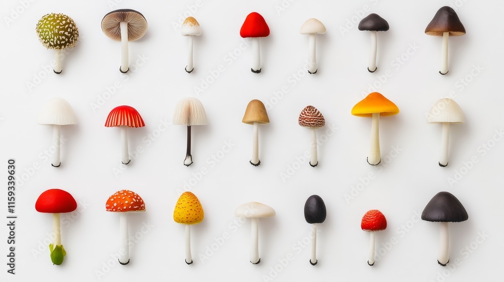 Poster A Colorful Collection of Decorative Mushrooms in Various Shapes and Sizes Arranged Neatly on a White Background for Culinary and Artistic Use
