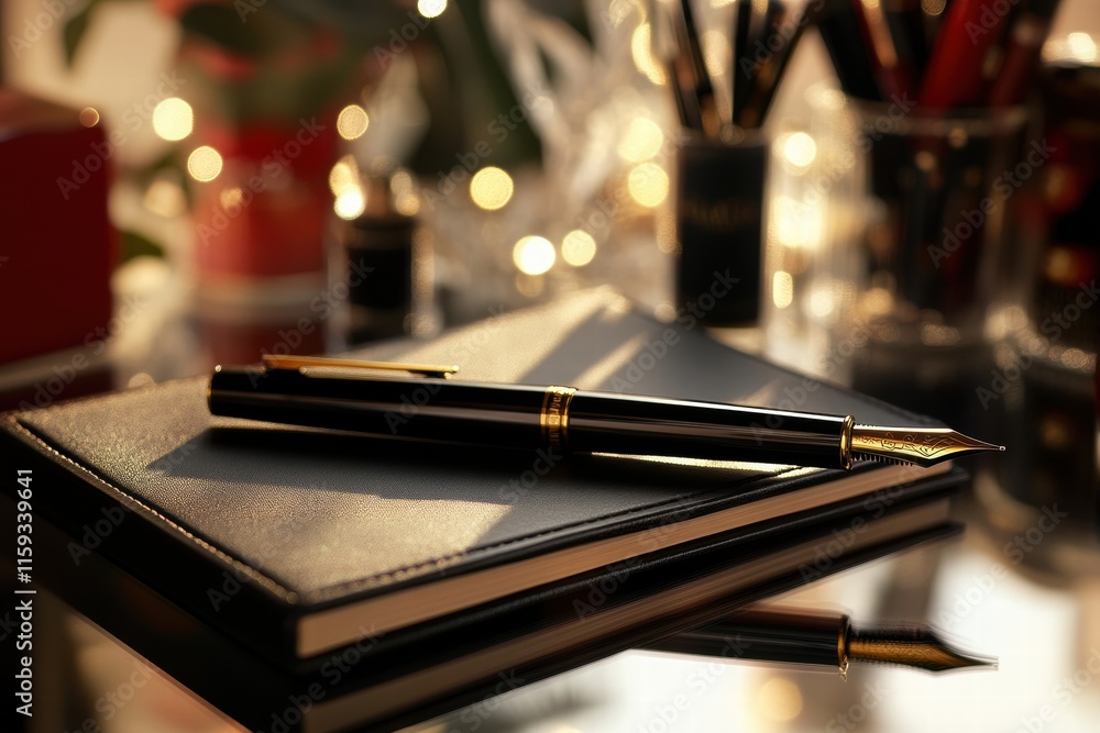 Aufkleber Luxury fountain pen with gold accents resting on a black notebook in a stylish office setting surrounded by elegant decor. Generative AI