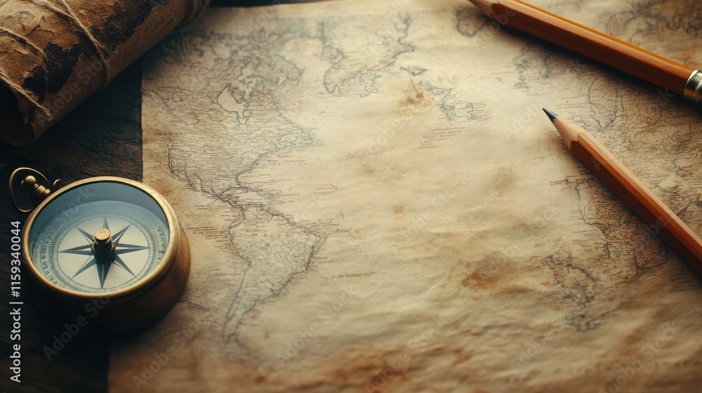 Leinwandbilder vintage map with compass and pencil on weathered surface inviting exploration and discovery. generat