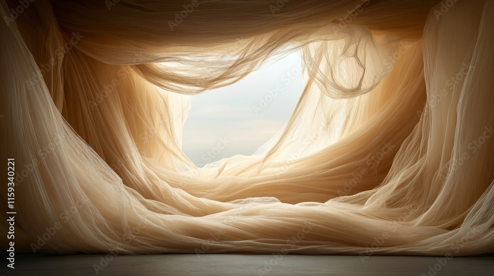 Poster Ethereal Fabric Drapery in Soft Natural Light Creating a Dreamy Interior Setting with Flowing Textures and a Calm Atmosphere Ideal for Artistic and Creative Backgrounds