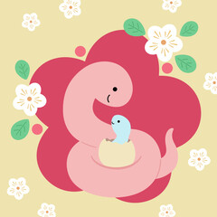 Mother snake and her baby with scattered flowers in the background