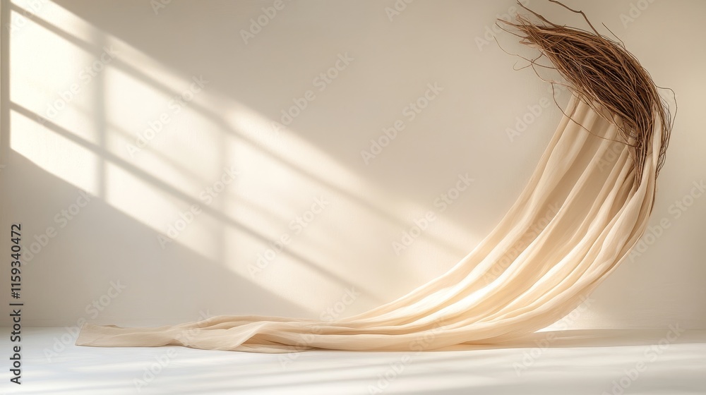 Aufkleber flowing fabric on a light background with natural elements creating a soft and dreamy atmosphere in 