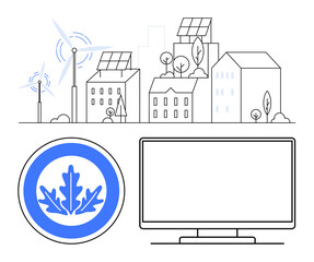 Sustainable cityscape with wind turbines and solar panels on buildings, energy efficiency certification badge, and a monitor. Ideal for renewable energy, green living, smart cities, environmental