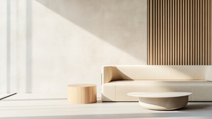 Elegant minimalist living room mockup with minimal furniture. Featuring an open, airy layout with clean lines