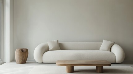 Elegant minimalist living room mockup with minimal furniture. Featuring an open, airy layout with clean lines