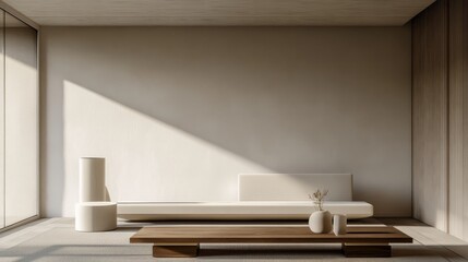 Elegant minimalist living room mockup with sparse furnishings. Featuring a clean, spacious layout with simple, modern lines