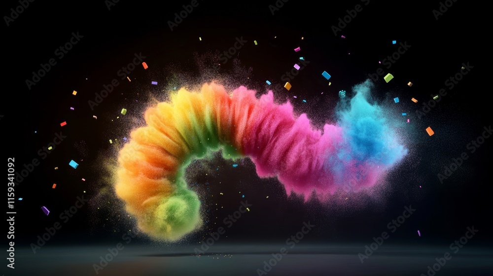 Poster Colorful Swirling Smoke and Particles Creating a Vibrant Abstract Visual Effect in a Dark Background