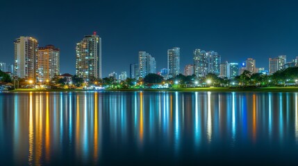Fototapeta premium Urban Skyline Reflected on Calm Water at Dusk