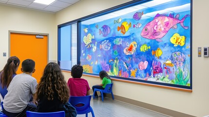 Pediatric oncology playroom: Young patients engaged in art therapy with specialist, walls decorated with colorful patient artwork. Illustration
