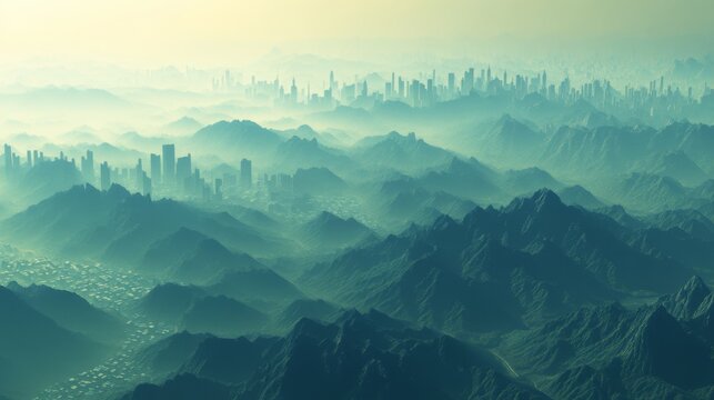 Urban Skyline with Misty Mountain Ranges at Sunset