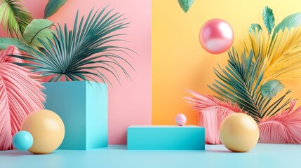 Minimalist geometric composition with colorful spheres and plants