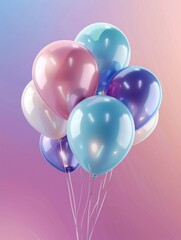 Pink, blue and purple balloons on strings.