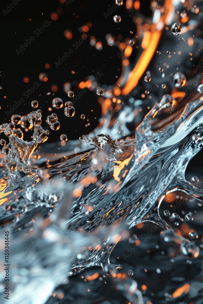 Poster spectacular burst of water in motion, creating a dynamic splash with multiple droplets captured mid-