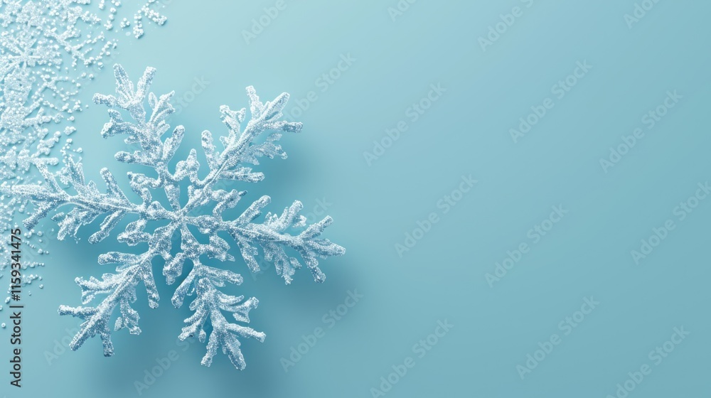 Poster close-up of a delicate snowflake resting on a light blue surface. the image captures the intricate d