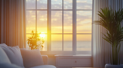 Fototapeta premium Cozy living room with a white window close-up with a beautiful sunset view 