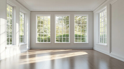 Fototapeta premium Empty living room with beautiful and large windows