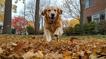 Golden retriever dog jumping among autumn leaves