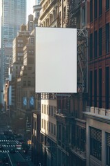 Large white sign hangs on a building in a city. The sign is blank, but it is surrounded by buildings and traffic. The scene is busy and bustling, with cars and pedestrians moving about